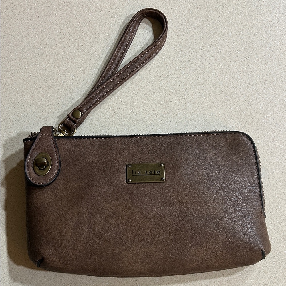 Liz Claiborne Brown Leather Zip Wristlet with Strap